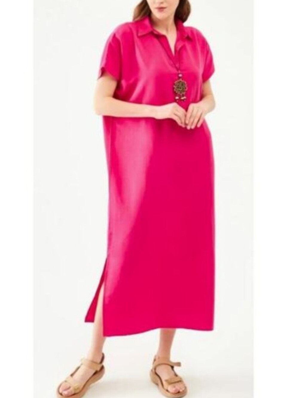 Tahari Hot Pink Collared Maxi Dress